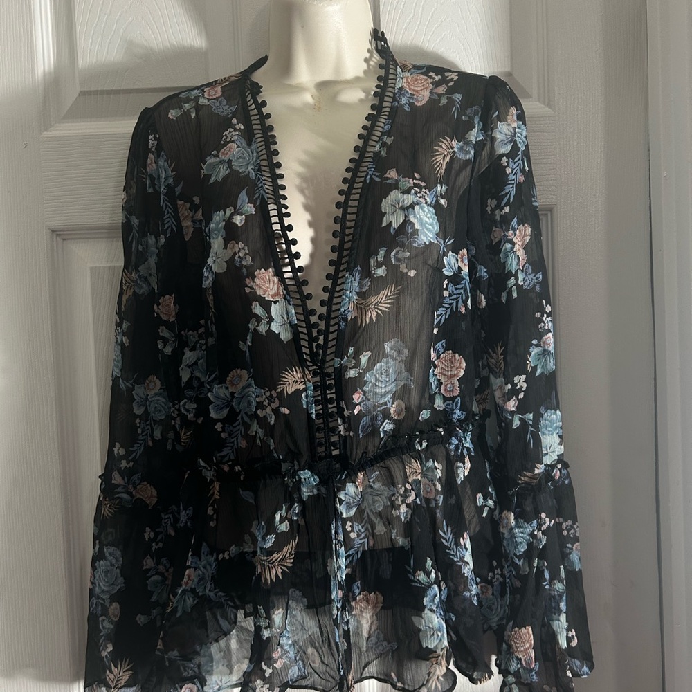 White House Black Market Black Sheer Floral Decorative front button Blouse
